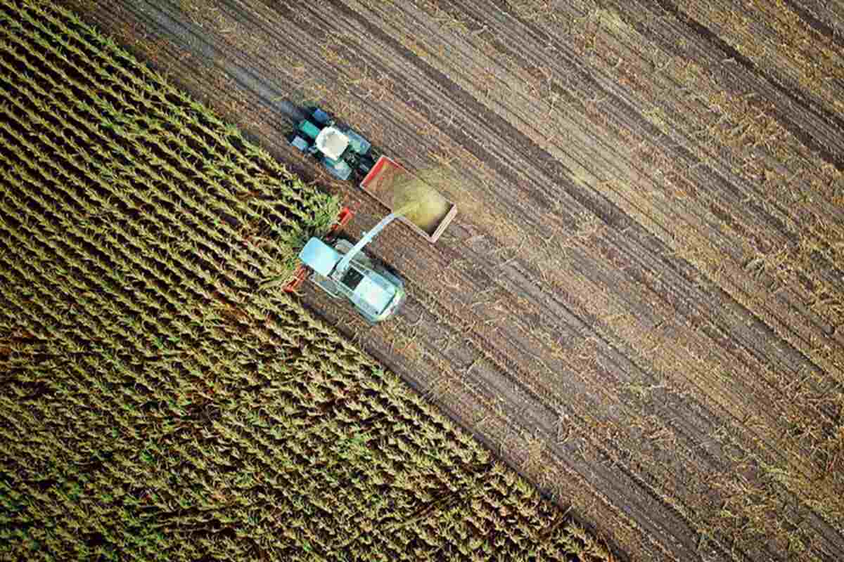 skyview perspective of agricultural machinery on a field in ghana