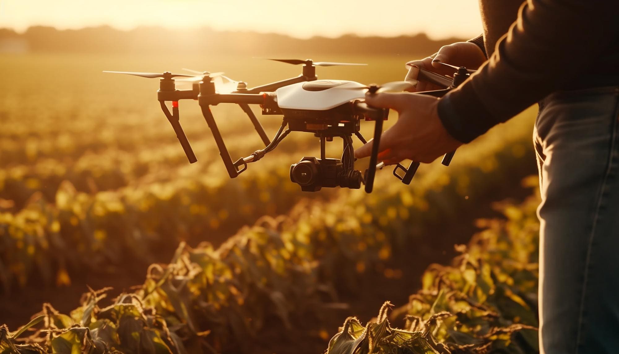 man standing in fields and holds a drone in hands